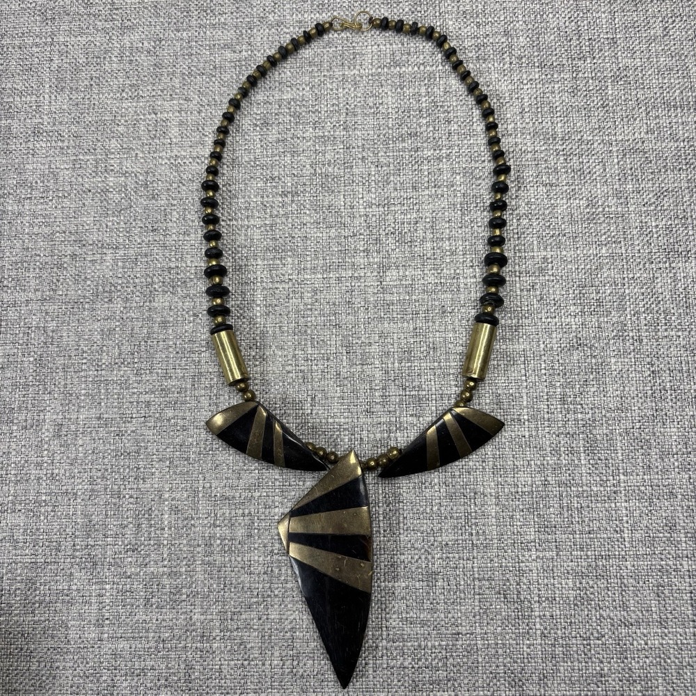 Vintage Tribal Horn Brass Inlay Sunburst Statement Necklace Black Gold Geometric